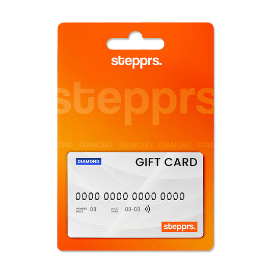 A white Stepprs Platinum gift card mounted on an orange retail backing.