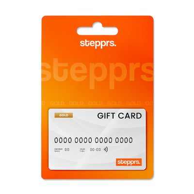 A white Stepprs Gold gift card mounted on an orange retail backing.