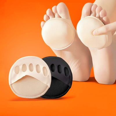 Metatarsal cushions worn on feet and displayed against an orange backdrop.