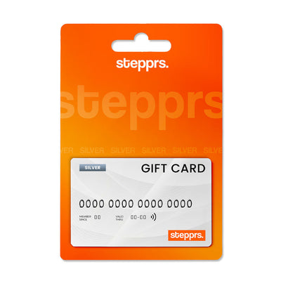 A silver Stepprs Silver gift card mounted on an orange retail backing.