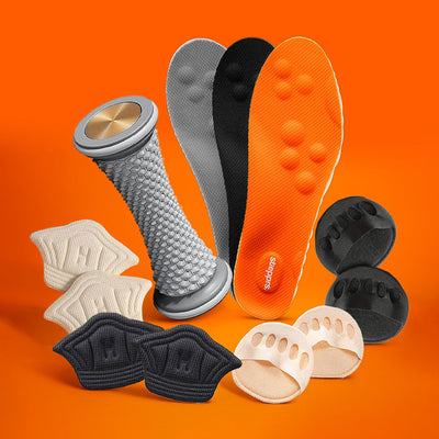 An Ultimate Foot Relief Kit displaying insoles and pads on an orange backdrop.